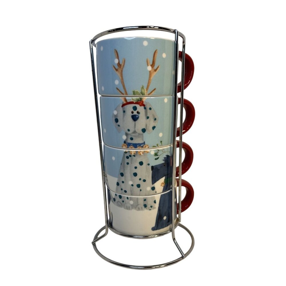 Pier 1 Imports Set-4 Stackable Christmas Winter Doggie Theme Coffee Cups 8 oz